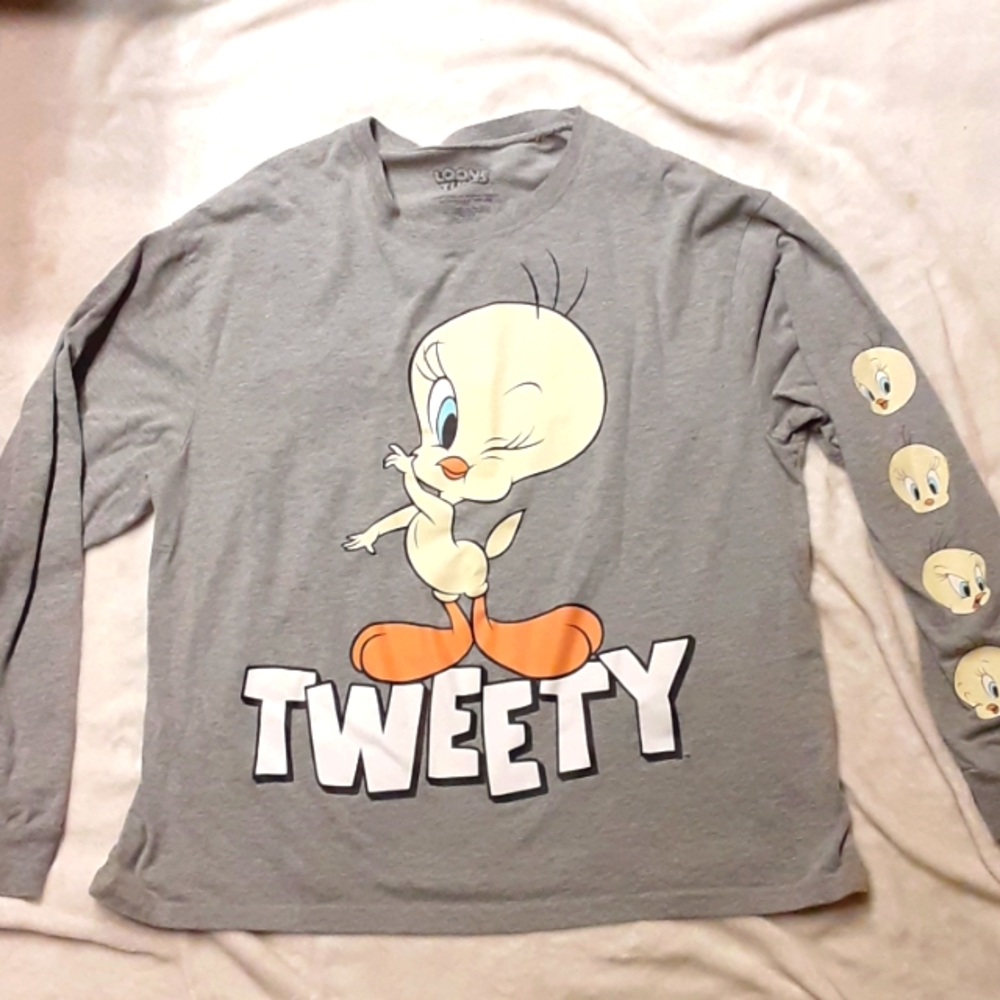 Looney Tunes Tweety bird Gray grey long sleeve shirt 1X tweety on sleeve